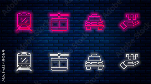 Set line Cable car, Taxi, Train and Hand with taxi. Glowing neon icon on brick wall. Vector