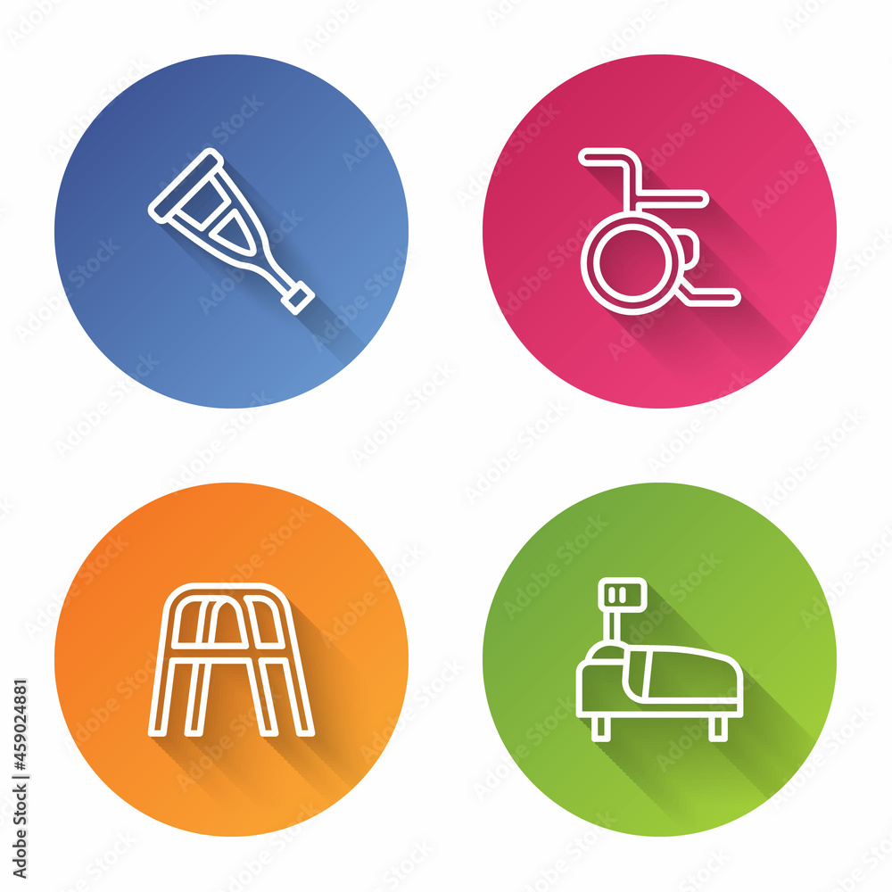 Set line Crutch or crutches, Wheelchair, Walker and Hospital bed. Color circle button. Vector Set line Crutch or crutches, Wheelchair, Walker and Hospital bed. Color circle button. Vector