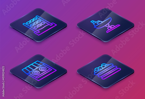 Set Isometric line Tic tac toe game, Shooting gallery, Swing boat and Pool with balls. Blue square button. Vector