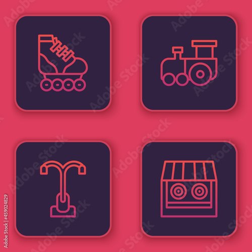 Set line Roller skate, Street light, Toy train and Shooting gallery. Blue square button. Vector