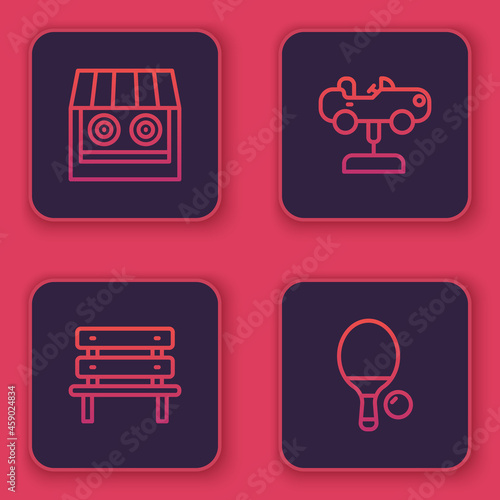 Set line Shooting gallery, Bench, Swing car and Racket and ball. Blue square button. Vector