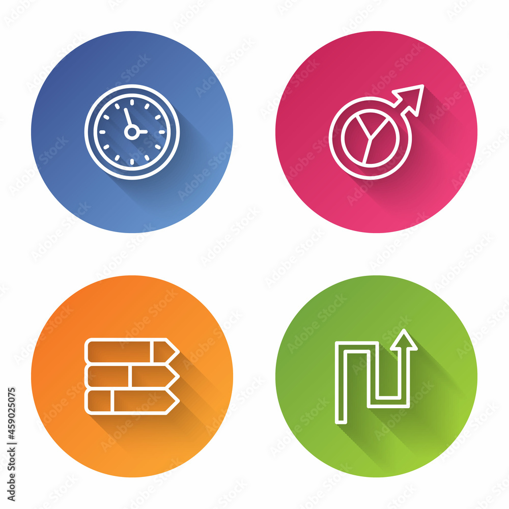 Set line Clock, Financial growth, Pie chart infographic and Arrow. Color circle button. Vector Set line Clock, Financial growth, Pie chart infographic and Arrow. Color circle button. Vector