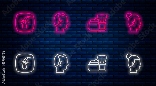 Set line Baldness, Shaving brush with foam, Broken hair follicle and Hairstyle for men. Glowing neon icon on brick wall. Vector