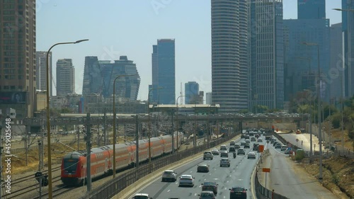 Skyline view of Tel Aviv, Ayalon highway traffic on midday, Gush Dan