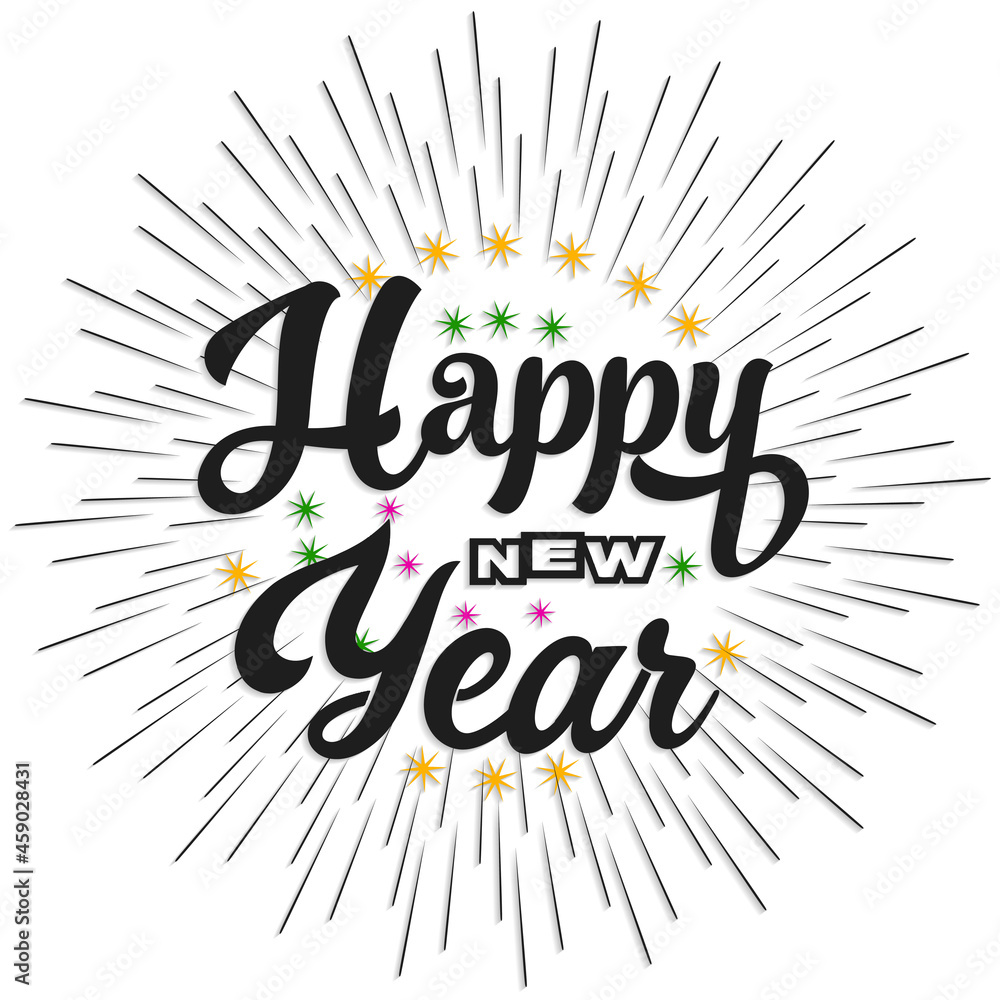 Happy New Year Greeting Card. Holiday Vector Illustration With Lettering Composition And Burst. Vintage festive label Happy New Year Greeting Card. Holiday Vector Illustration With Lettering Composition And Burst. Vintage festive label