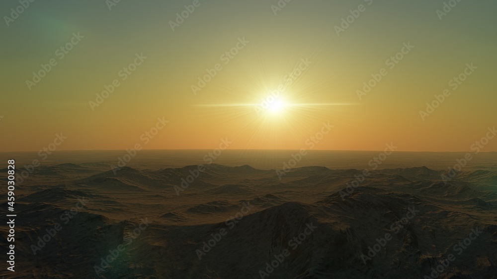 realistic surface of an alien planet, view from the surface of an exo-planet 3d render