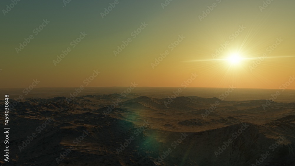 realistic surface of an alien planet, view from the surface of an exo-planet 3d render