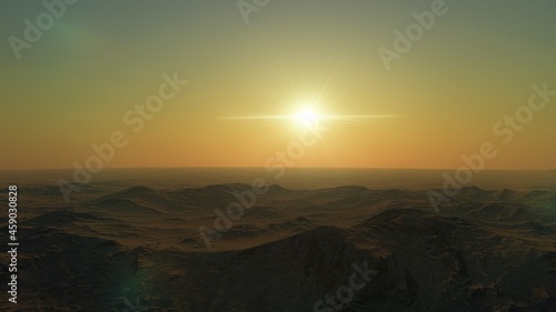 realistic surface of an alien planet, view from the surface of an exo-planet 3d render © ANDREI