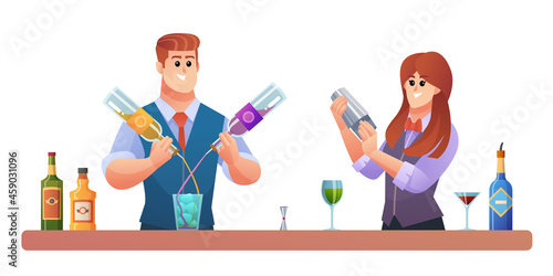 Male and female bartender characters mixing drinks concept illustration