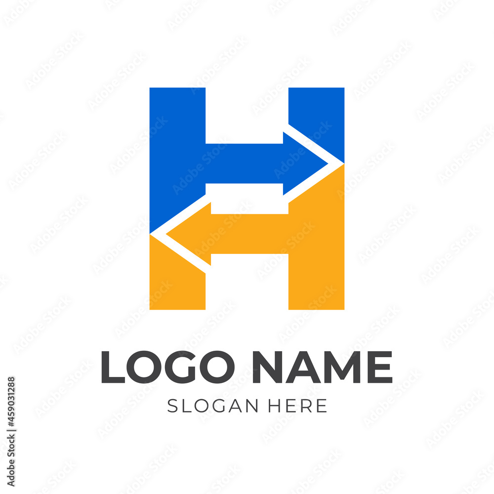 letter H arrow logo design, letter H and arrow, combination logo with flat blue and yellow color style letter H arrow logo design, letter H and arrow, combination logo with flat blue and yellow color style
