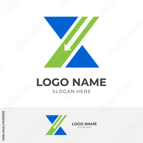 Free Download initial X arrow logo vector, letter X and arrow, combination logo with flat blue and green color style - GFXLoad