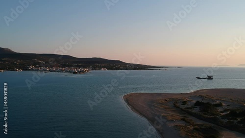Iconic aerial view over Pounda beach at the famous Submerged ancient city of Pavlopetri in Laconia, Greece photo