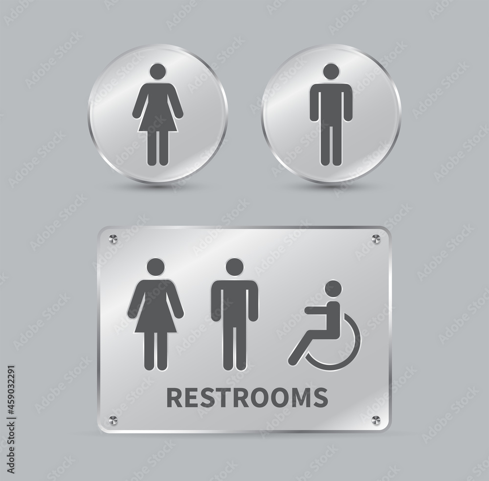 Set of toilet signs. Men and women restroom icon sign. Glass plates circle and square shape. Vector illustration Set of toilet signs. Men and women restroom icon sign. Glass plates circle and square shape. Vector illustration