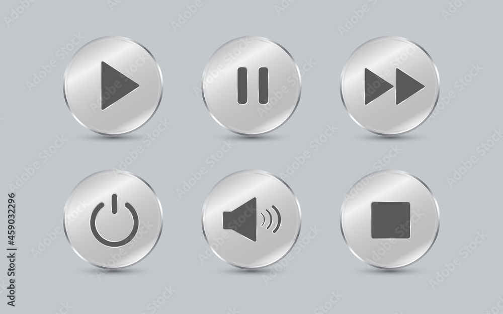Play button. Media player control icon set. Glass plates circle shape isolated on gray background. Vector illustration. Play button. Media player control icon set. Glass plates circle shape isolated on gray background. Vector illustration.