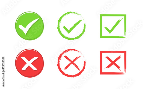 Green check mark and red cross icon. Set of True and false icons on white background. Vector illustration