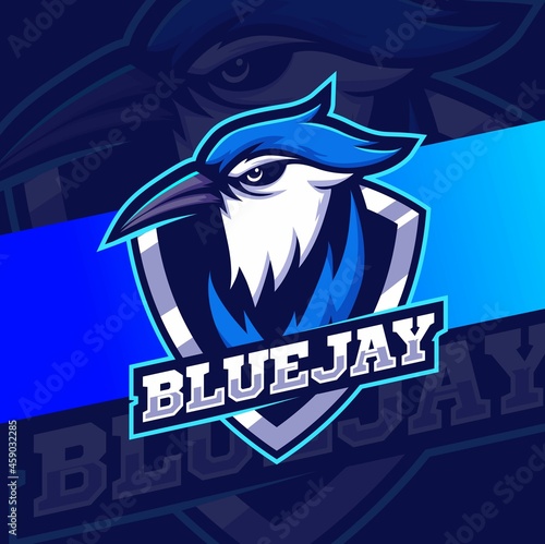 Blue jay bird head mascot esport logo designs for game and sport logo with shield