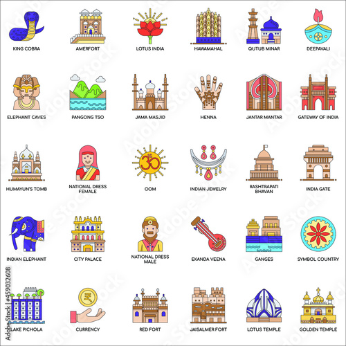 India Symbols elements flat icon collection set