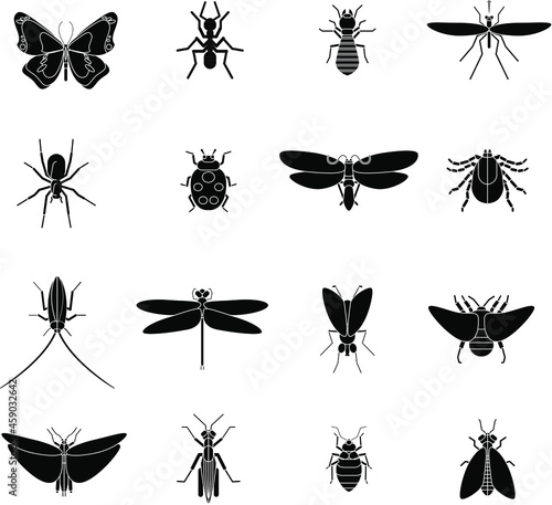 Black and white Insects wildlife flat vector icon collection set © Abhishek