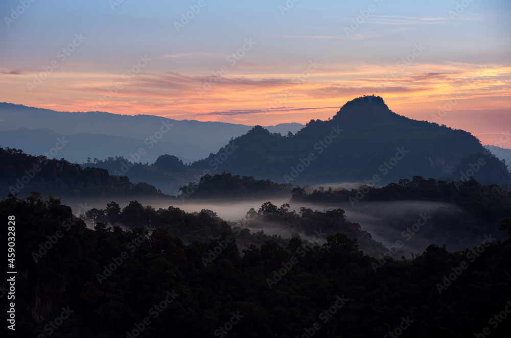 Beautiful aerial view landscape sunbeam with fog at morning, Baan jabo viewpoint. Mae Hong Son, Baan JABO one of the most amazing Mist in Thailand.