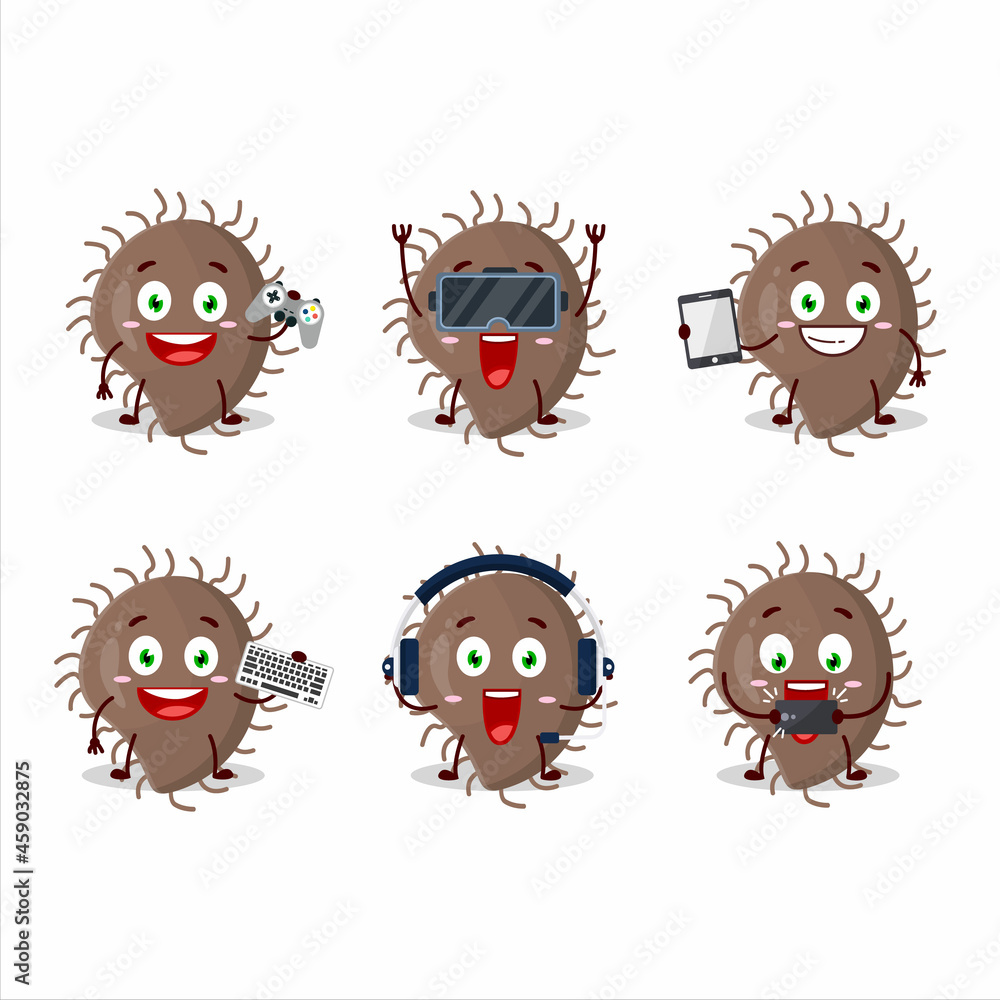 Coronaviridae cartoon character are playing games with various cute emoticons