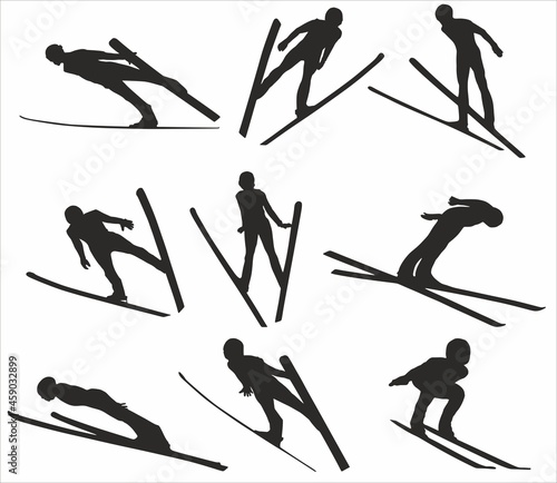 Vector silhouettes of athletes skiers. Ski jumping. Shadows of people, outlines
