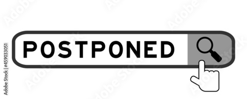 Search banner in word postponed with hand over magnifier icon on white background