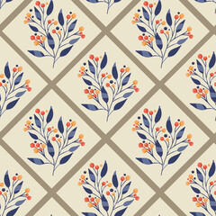 Fototapete Beigefarbene Muster Blaue Blätter mit Beeren Braun  © VaulinaArtDesigns