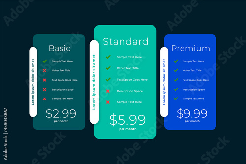 web comparison boxes of plans and pricing
