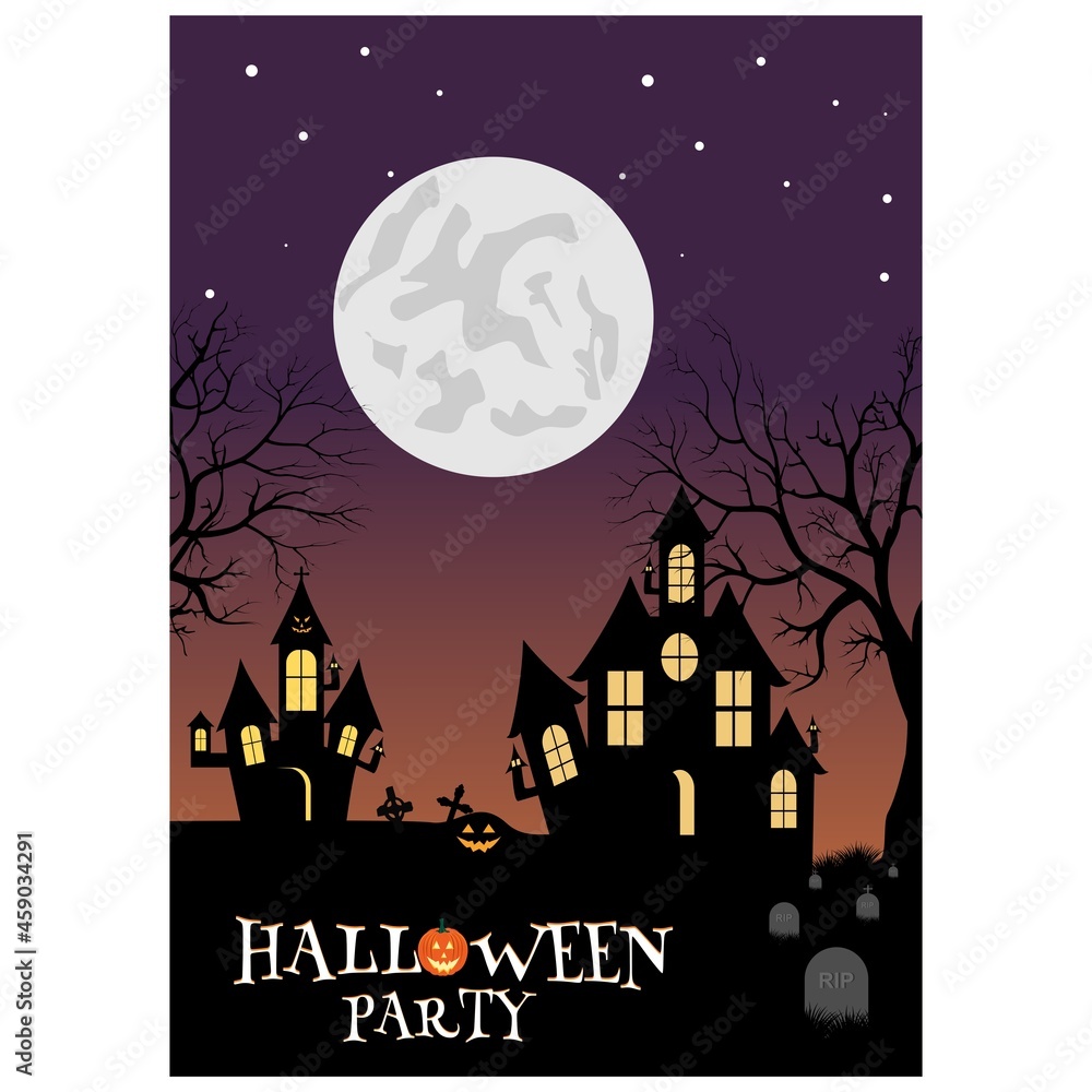 illustration of halloween poster with full moon, tree, bat, pumpkin and label Happy Halloween. Halloween party inspiration design vector.
