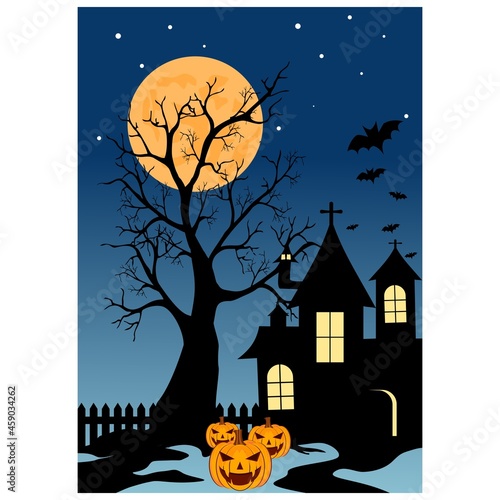 illustration of halloween poster with full moon, tree, bat, pumpkin and label Happy Halloween. Halloween party design vector.