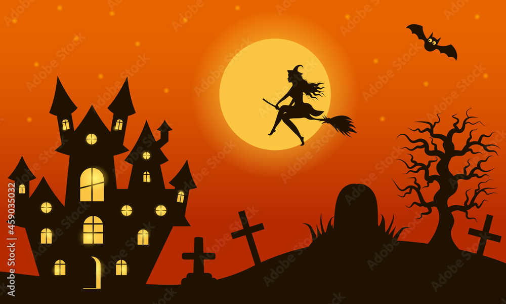 Halloween night landscape with witch flying on broomstick above cemetery with tombstones and scary castle. Full moon is shining and bat is flying.