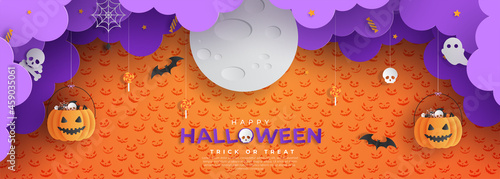 Happy Halloween banner or with night clouds and pumpkins filled with Halloween decorations in paper cut style. Vector illustration. Spider webs and bats flying. Place for text
