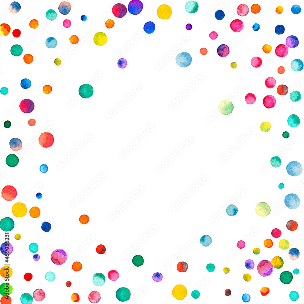 Watercolor confetti on white background. Admirable rainbow colored dots. Happy celebration square colorful bright card. Lovely hand painted confetti.