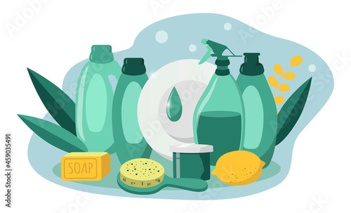 vector illustration. home cleaning products. environmentally friendly cleaning products. household chemicals, soap, brushes. trend illustration in flat style