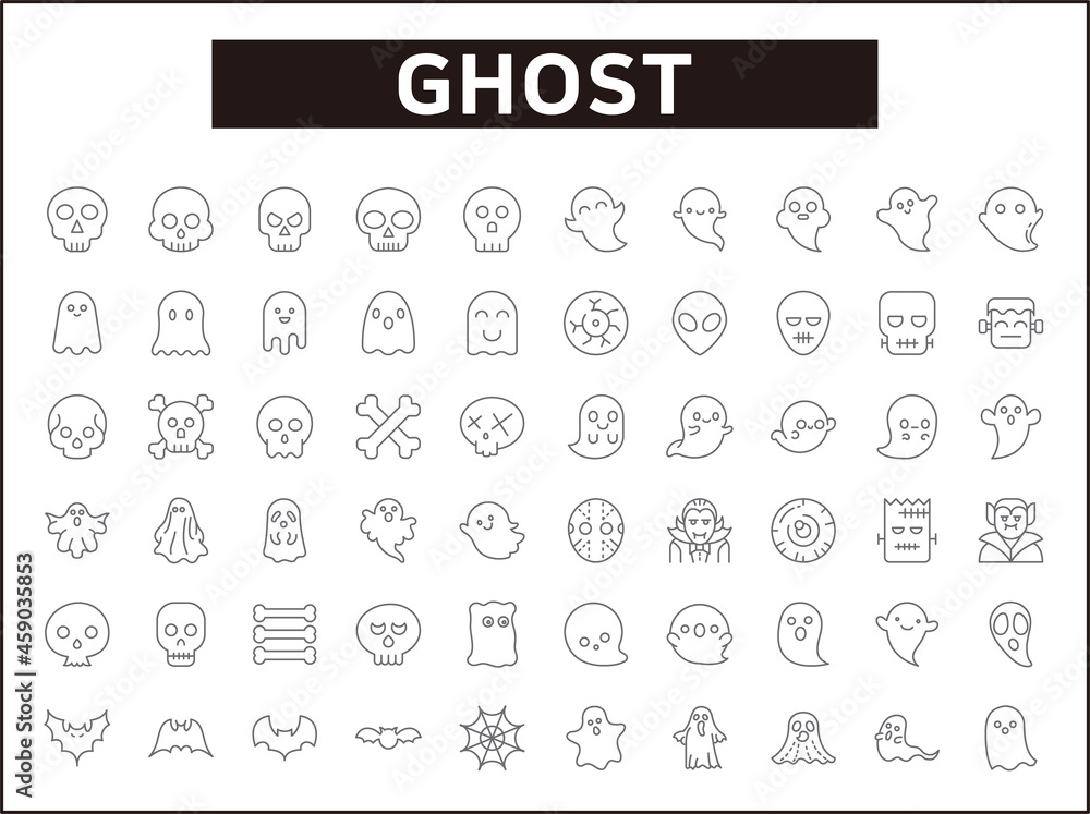 Set of 60 Ghost and Halloween line style. Contains such icons as Frankenstein, Skeleton, Eyeball, spook, alien, boo and other elements.
