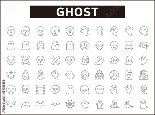 Set of 60 Ghost and Halloween line style. Contains such icons as Frankenstein, Skeleton, Eyeball, spook, alien, boo and other elements.