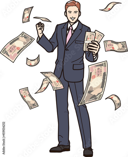 札束を持ちガッツポーズのサラリーマン　舞う