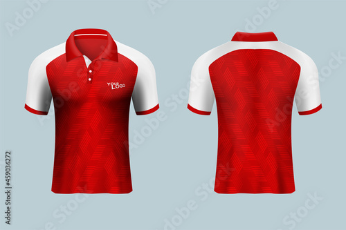 3D realistic mock up of front and back of polo shirt. soccer sport shirt  jersey template. Concept for casual uniform or apparel mockup template in design vector illustration