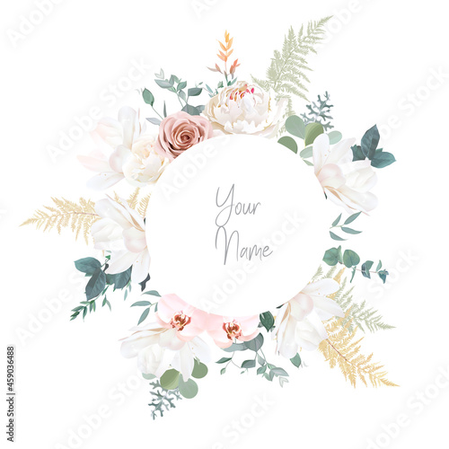 Silver sage and blush pink flowers vector design frame.