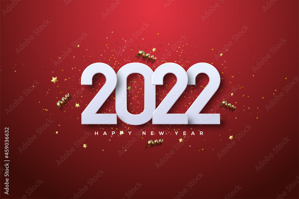 2022 happy new year with 3d numbers and luxury gold ribbon.