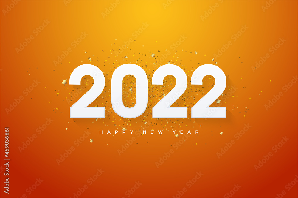 2022 happy new year with white numbers on an orange background.