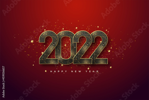 2022 happy new year with gold glitter numbers.