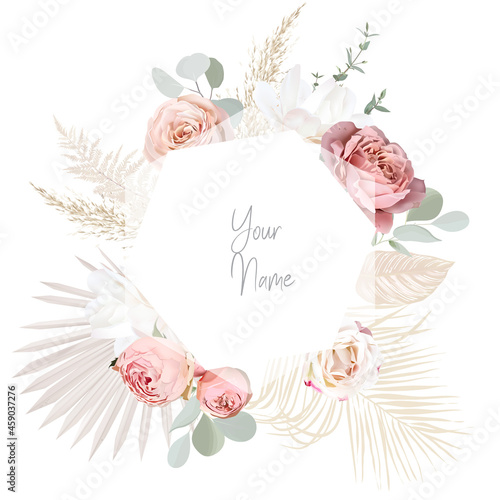 Pink and white garden roses, dried leaves, eucalyptus vector design invitation frame