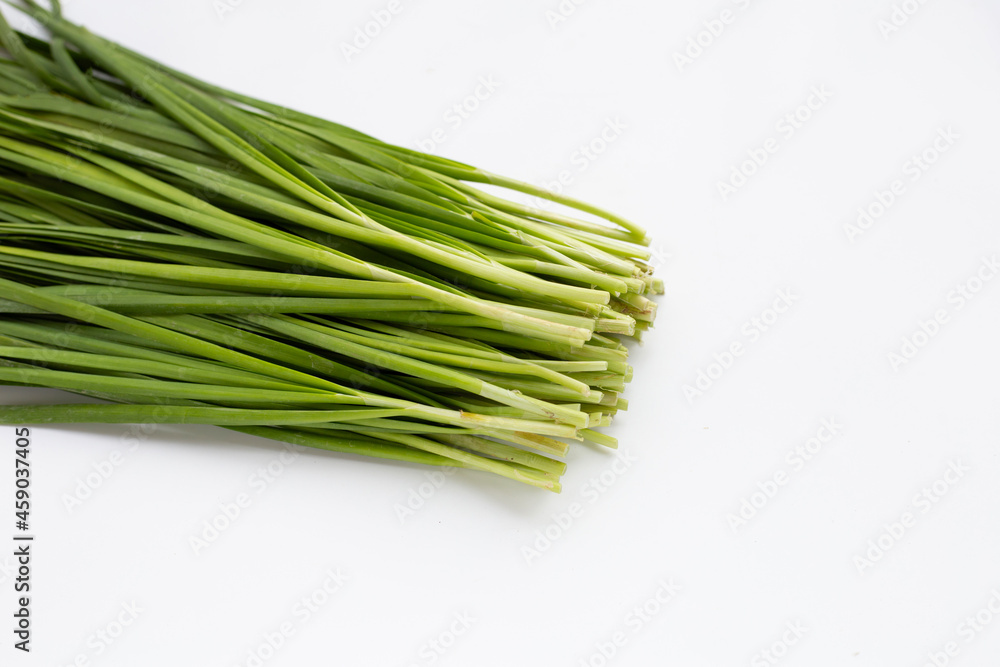Fresh Chinese Chive leaves on white background. Fresh Chinese Chive leaves on white background.