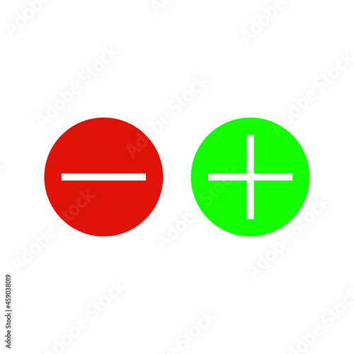 Vector illustration of plus and minus, black and white plus and less symbols on white background