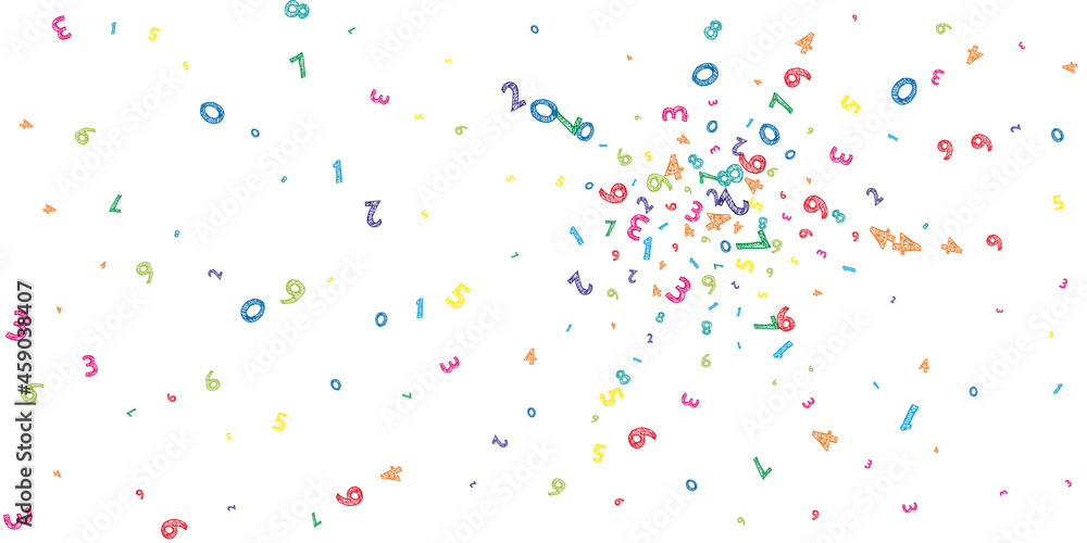 Falling colorful messy numbers. Math study concept with flying digits. Radiant back to school mathematics banner on white background. Falling numbers vector illustration.