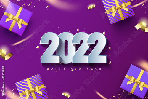 Happy new year 2022 with realistic numbers and gift boxes.