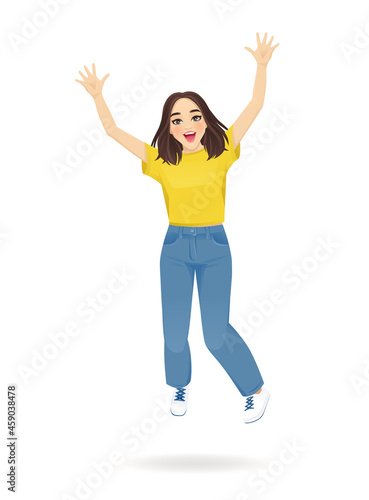 Young surprised woman with short hairstyle in casual style clothes jumping isolated vector illustration
