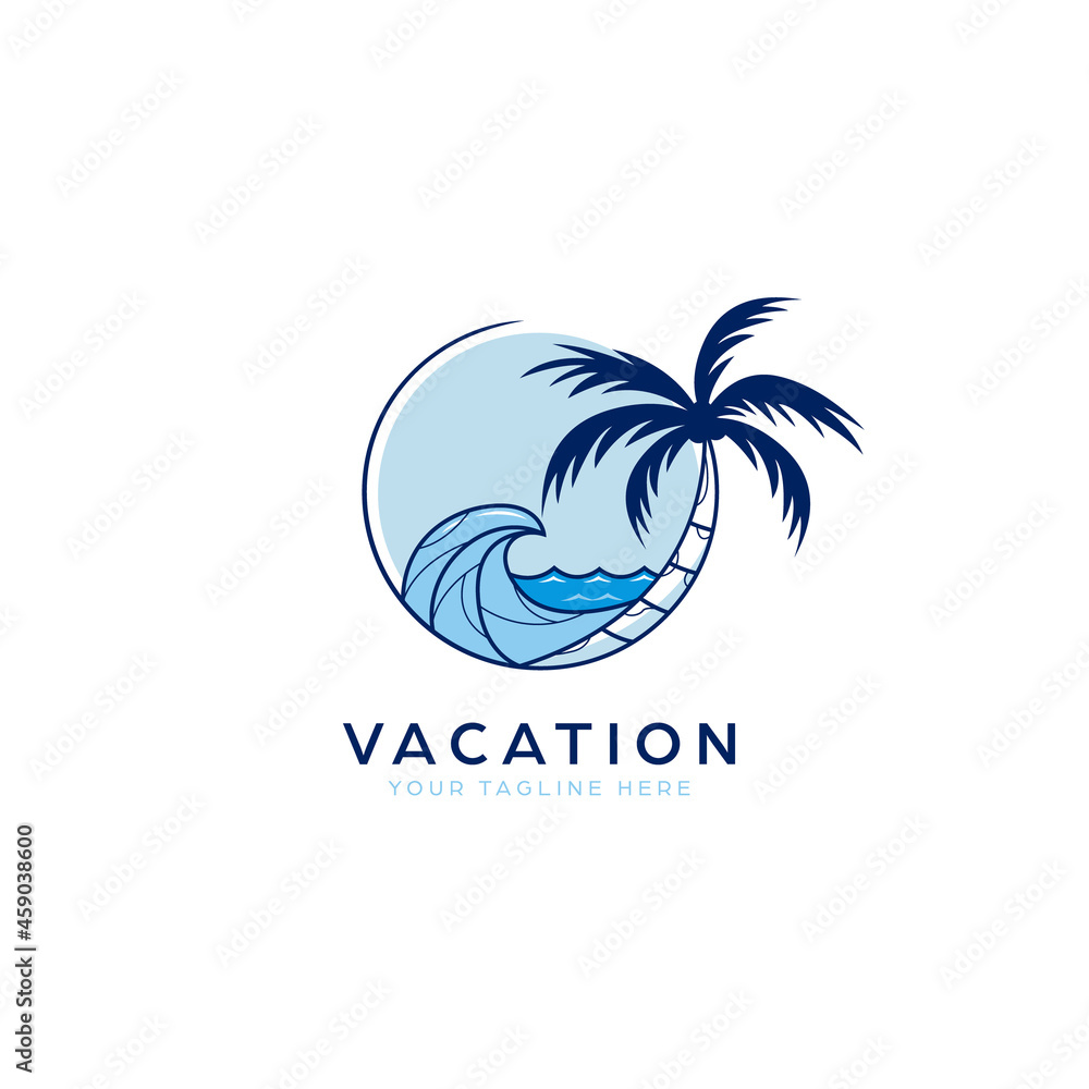 Vacation beach sea with palm tree and blue waves logo icon illustration