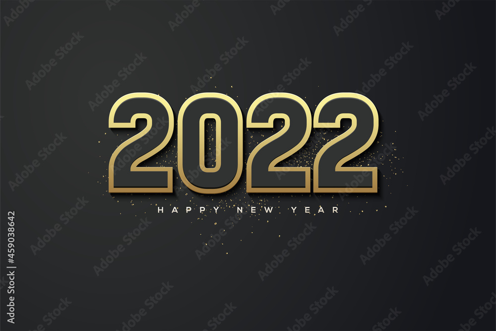 Happy new year 2022 with black numbers wrapped in luxurious gold color.